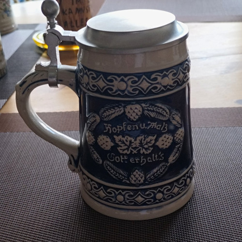 Steingut bierkrug blau weiß - bierkrug, blau/weiß